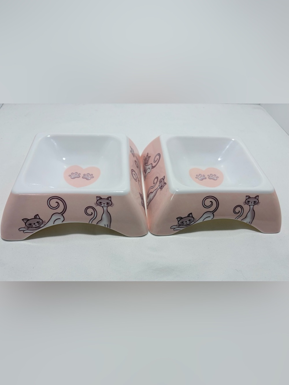Pink Plastic Cat Feeding Bowls with Cute Cat Illustrations